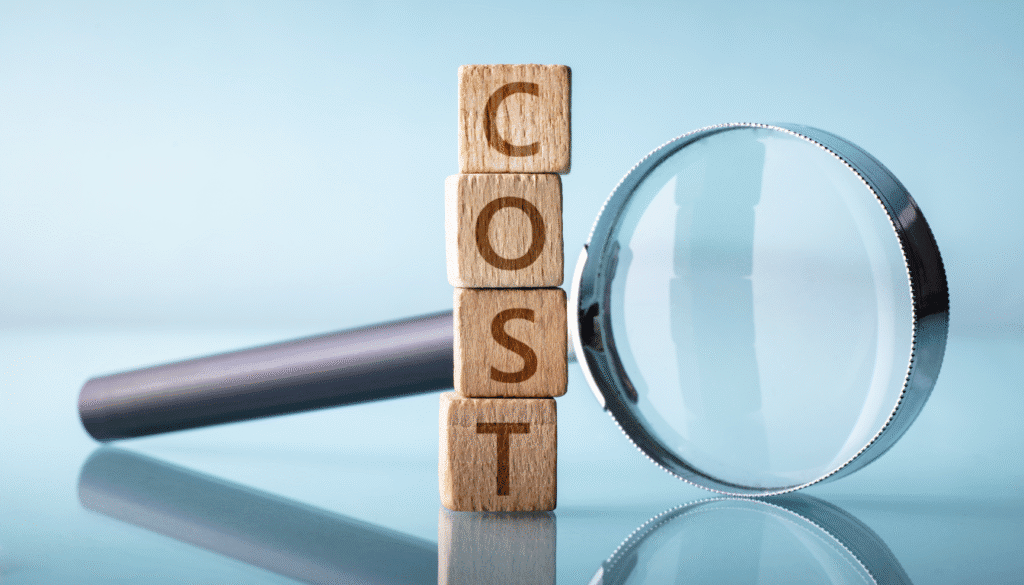 A magnifying glass with the word cost, in regards of the bar exam cost